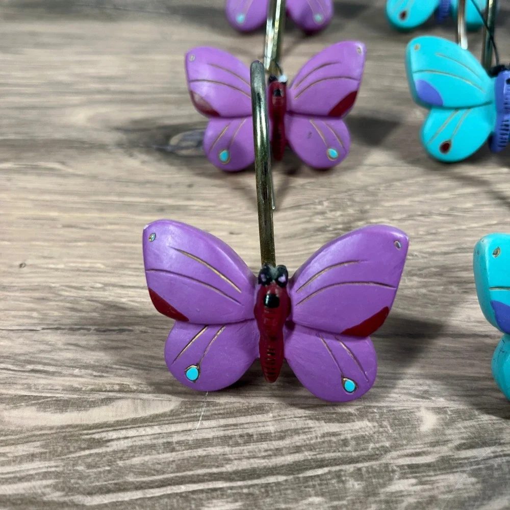 Butterfly Shower Curtain Hooks Multicolor Resin Whimsical Purple Blue Set of 12